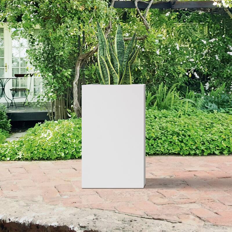 Plantara 20" H Solid White Concrete Square Plant pot, Tall Flower pot